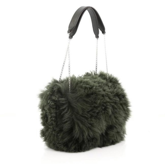 Flap Chain Small Green Shearling Wool Shoulder Bag - Picture 3 of 7